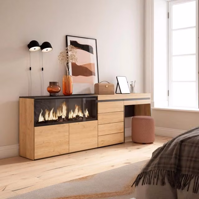 Tavolo da toeletta, 234x35x75cm, Con cassetto, Camino elettrico XXL, Cassettiera, colore Rovere RF3472