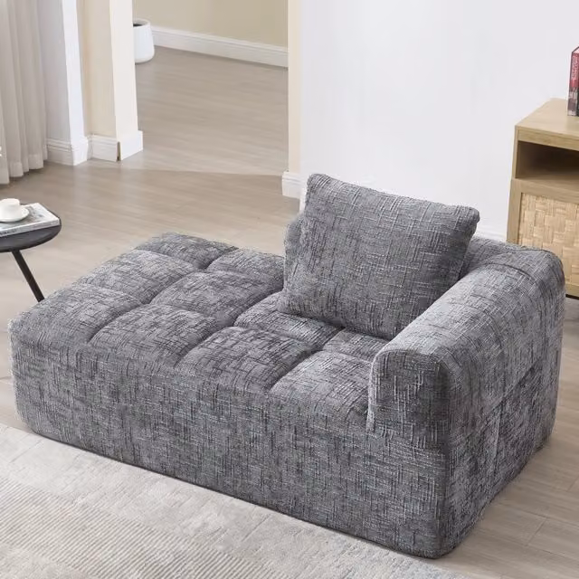 Chaise longue con tasche laterali e cuscino per soggiorno e camera da letto in ciniglia grigia 158 × 90 × 60 cm