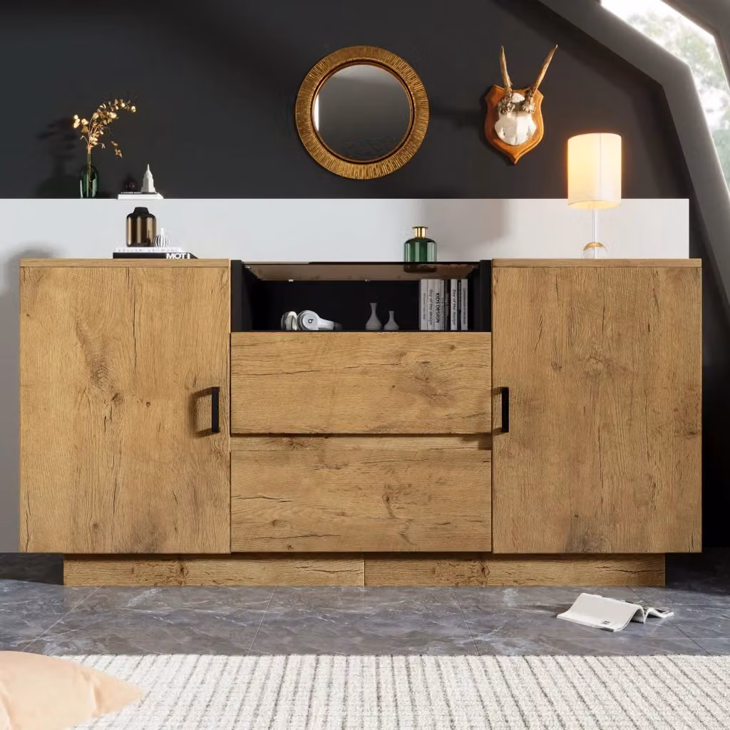 Credenza moderna in rovere con 2 cassetti, 2 ante e 1 vano aperto in vetro ESG fumé, colore marrone, L 140 x P 40 x H 70 cm – 2