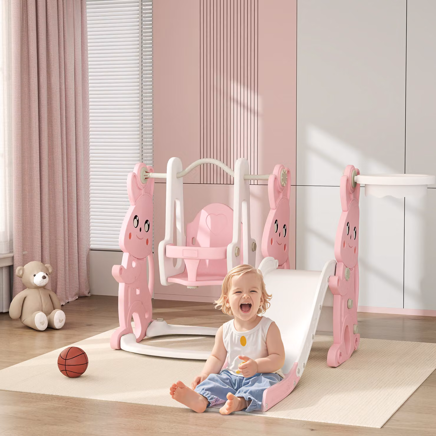 AIYAPLAY Scivolo e altalena 4 in 1 per bambini con cestino da basket, rosa, L: 147,5 cm, P: 160 cm, H: 107 cm – 2
