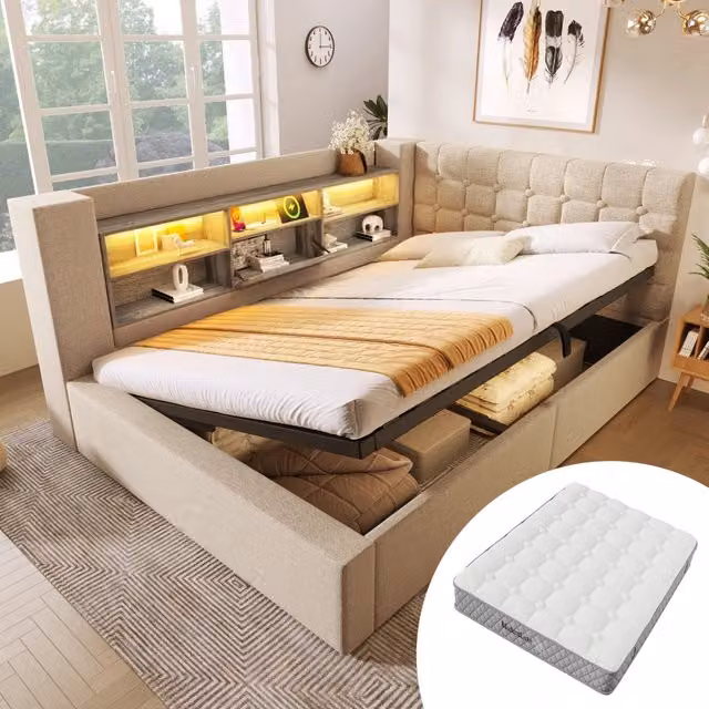 Letto imbottito con LED, contenitore idraulico e testiera a L, 140x200 cm, beige