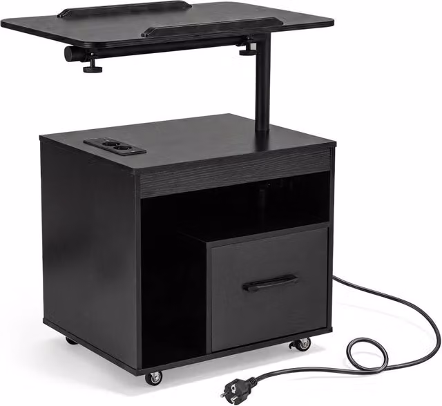 Comodino moderno per camera da letto con luci LED integrate, piano girevole e ribaltabile, cassetto e stazione di ricarica, Nero