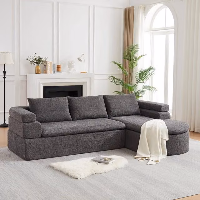 Divano angolare 3 posti con chaise longue ¨C Minimal ¨C tessuto chenille antracite braccioli scanalati