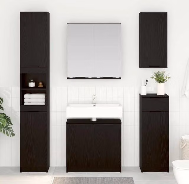 Set di mobili da bagno moderno vidaXL composto da mobile lavabo e armadietto con specchio in finitura rovere nero e MDF