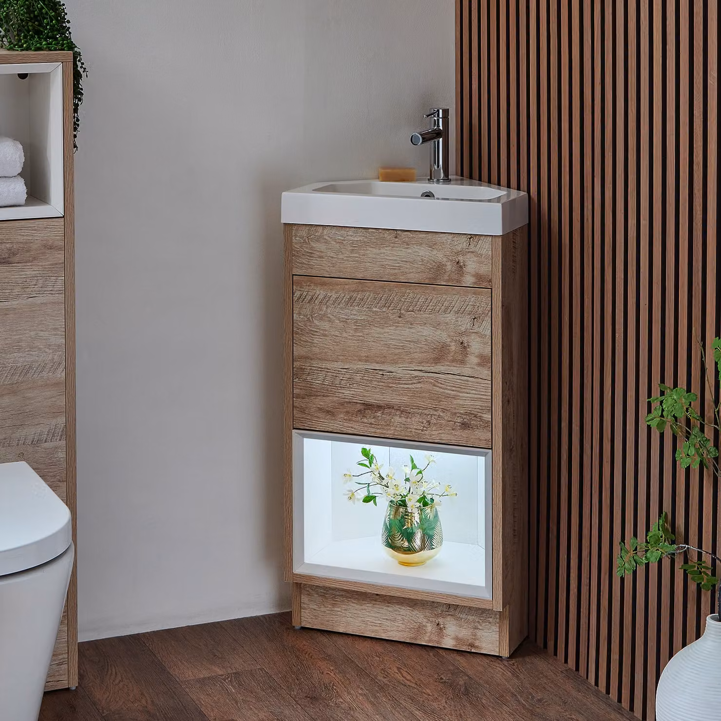 Mobile Angolare 450mm Rovere Chiaro Con Lavabo E Led – Ripiano Aperto