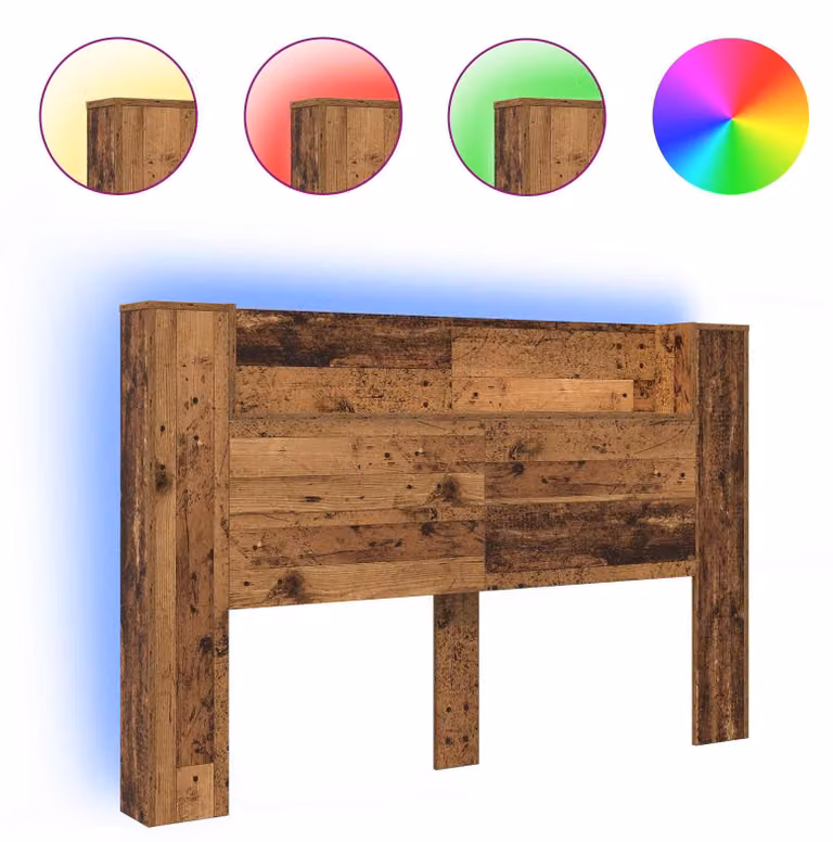 Testiera con spazio contenitore, finitura effetto legno antico e illuminazione LED, realizzata in materiale composito di legno, larghezza 160 cm
