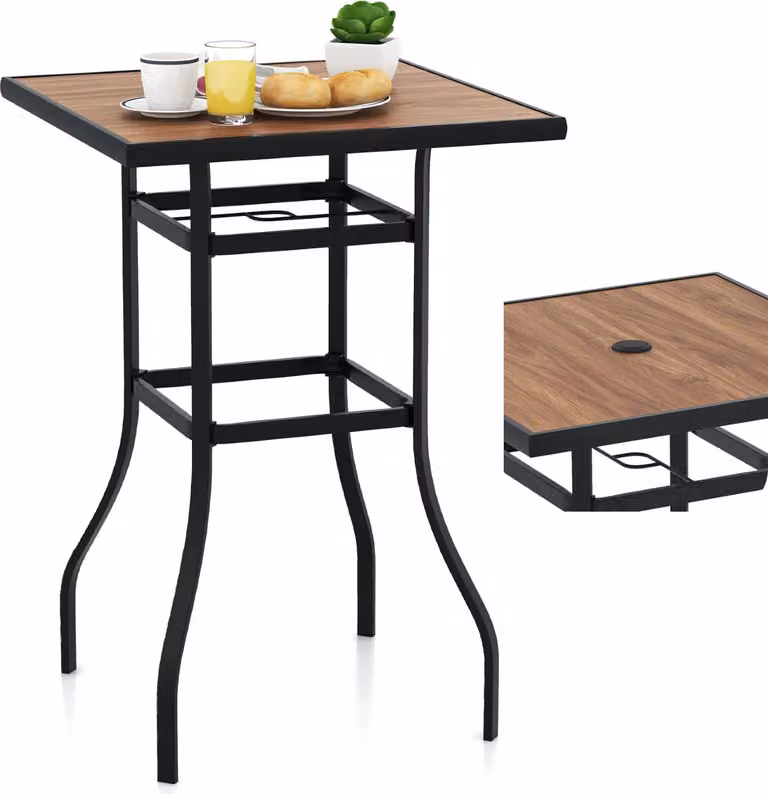 KOMFOTTEU Tavolo da giardino con foro per ombrellone, tavolo da bistrot quadrato 70 x 70 x 102 cm, tavolo da bar in metallo, tavolo alto da balcone per bistrot, giardino, cortile