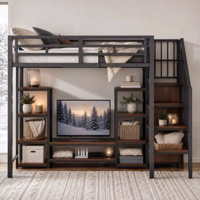 Letto a soppalco 90x200 cm con supporto TV; presa integrata e scala portaoggetti; nero