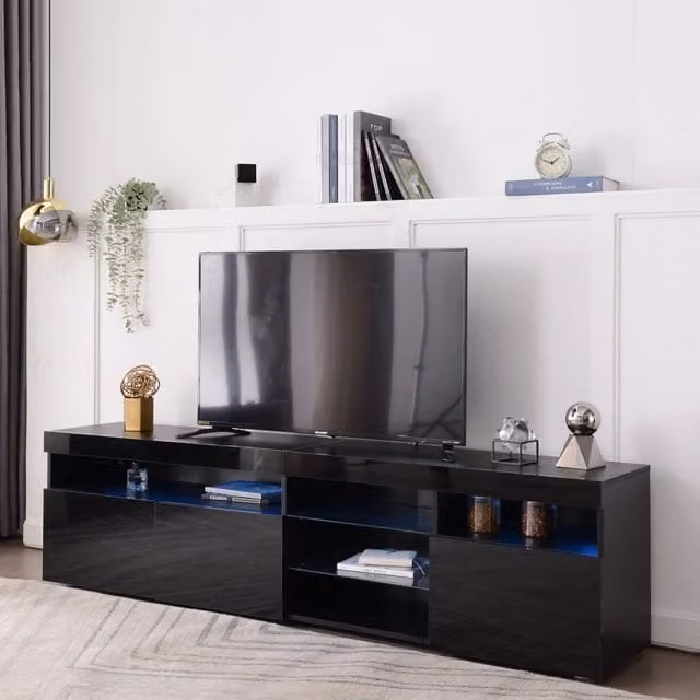 Mobile porta TV con LED multicolore e 3 ante in MDF nero lucido con inserto in vetro per soggiorno 180 × 35 × 48 cm