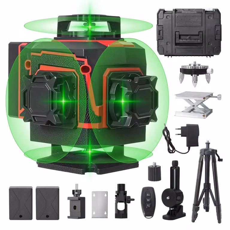 Livella laser 4D - Laser a 16 linee, con proiezione a croce - Autolivellante a 360° - Raggio verde - Con treppiede da 1 metro - 2 batterie