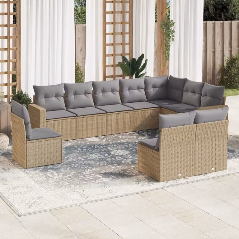 vidaXL Set Divano da Giardino 10 pz in Polyrattan con Cuscini Beige e Grigio