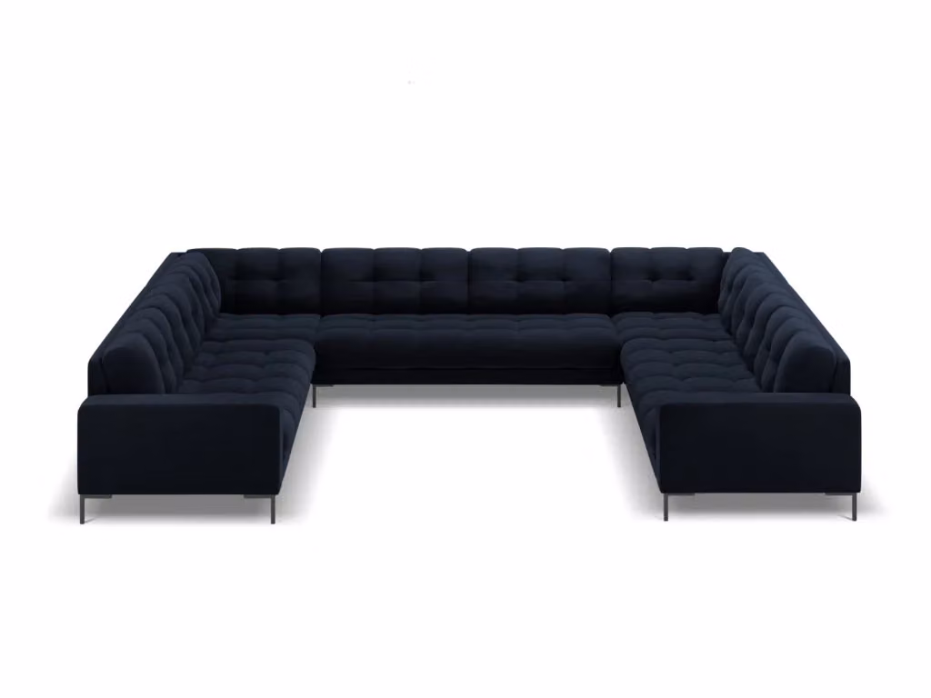Divano panoramico Bali Cosmopolitan Design a 9 posti in velluto blu scuro con struttura in metallo e forma a U – 2