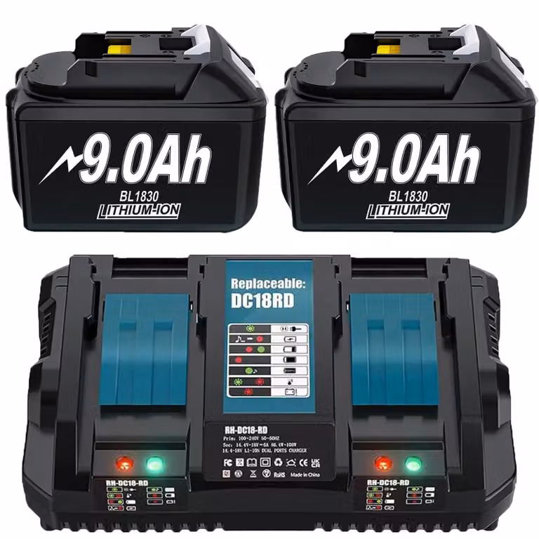 Batterie da 18V per utensili elettrici - Batteria di ricambio agli ioni di litio con caricabatterie - 2 batterie da 9000mAh - Compatibile con BL1830, BL1840, BL1850, BL1860 - Doppio caricabatterie rapido da 6A