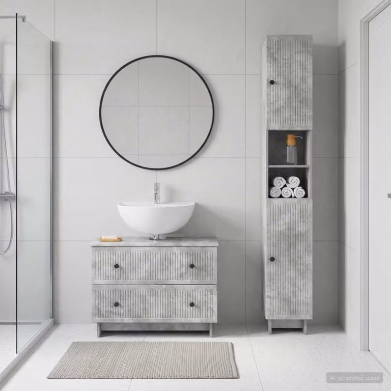 Set di armadi da bagno vidaXL EDE 2 pezzi in MDF grigio cemento con ante a cerniera e ripiani interni