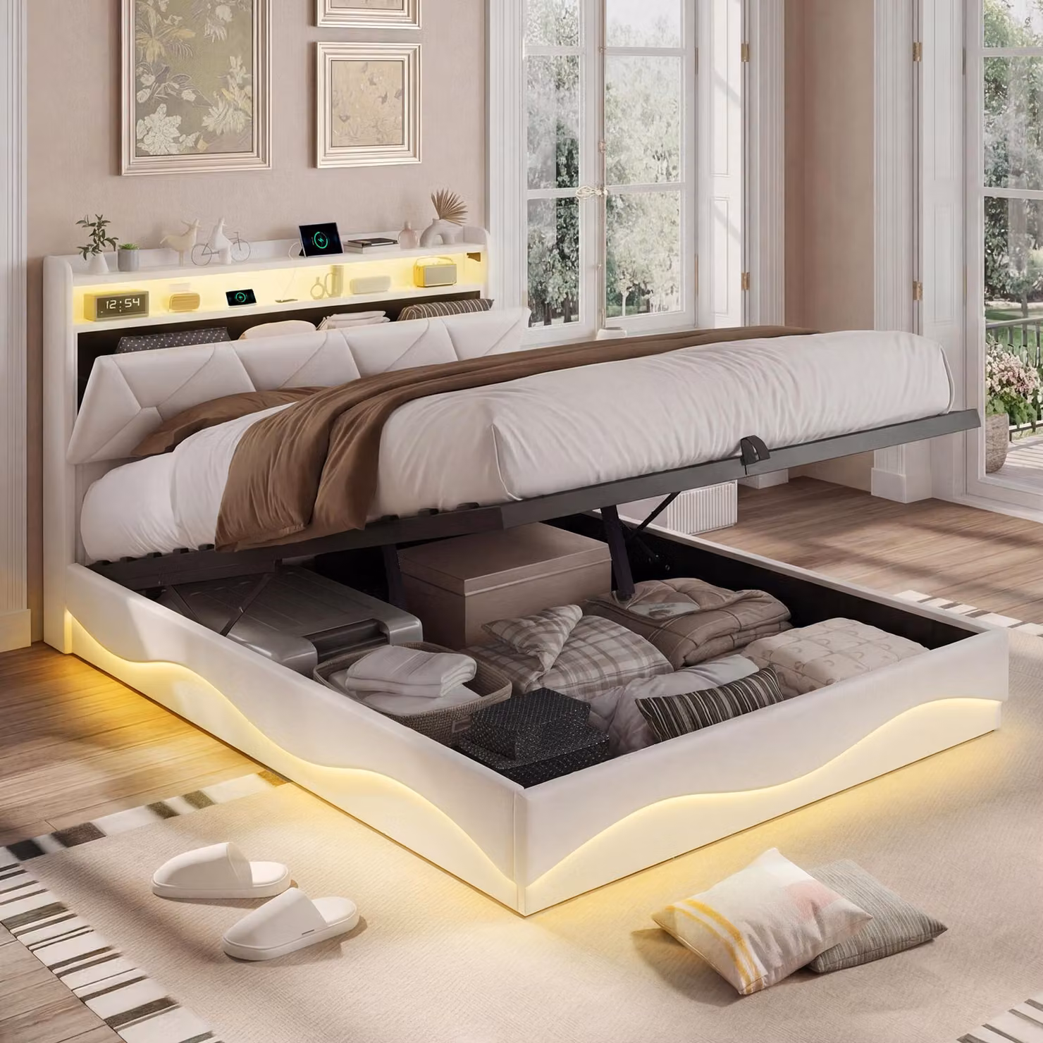 Letto imbottito 160x200 cm con spazio contenitore a sollevamento idraulico, testiera con vano portaoggetti, illuminazione LED, 2 porte USB e una porta Type-C, rete a doghe, colore bianco, senza materasso