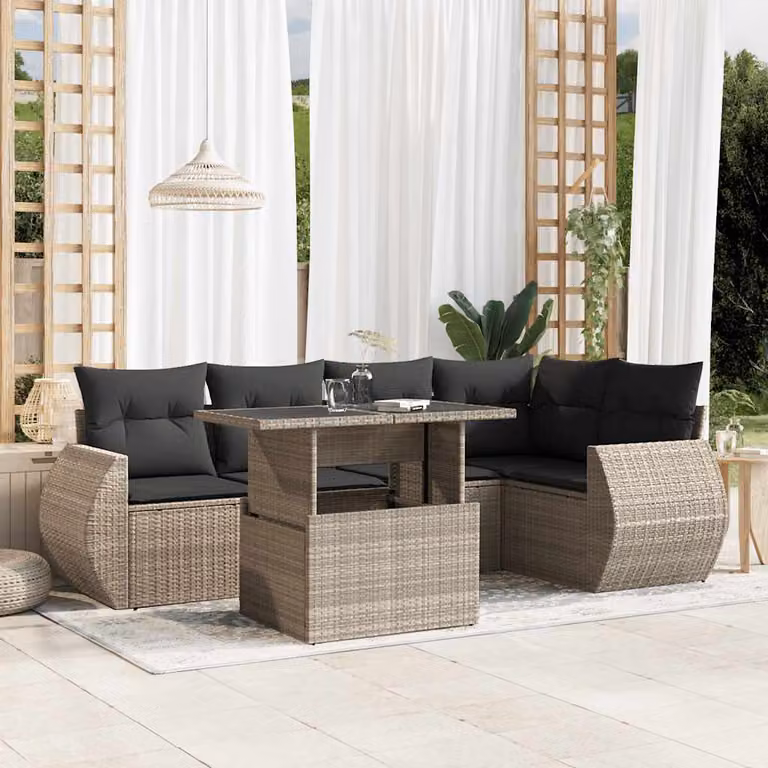 vidaXL Set Divano da Giardino a L in Polyrattan con Cuscini Grigio Antracite e Tavolino da Esterno 6pz