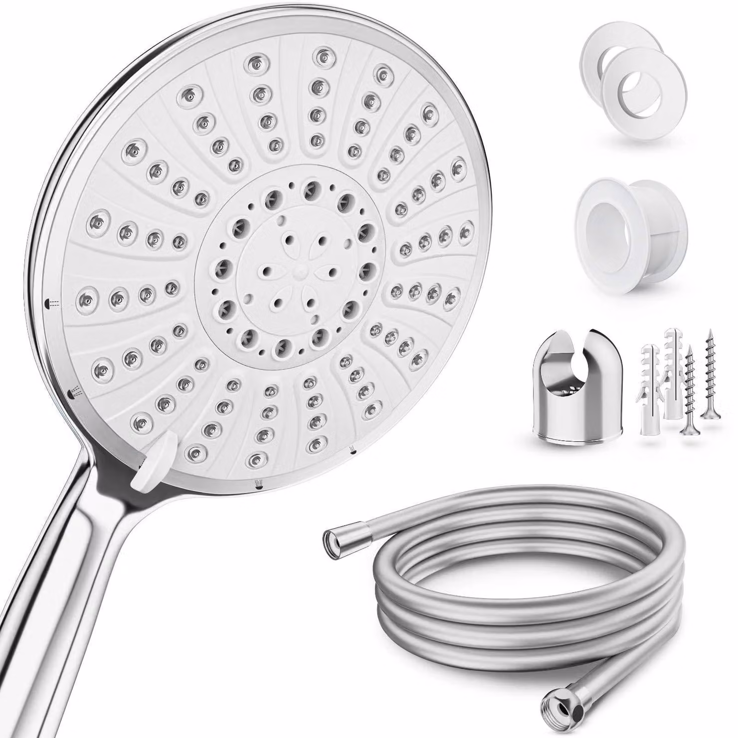 Doccia con flessibile e supporto, 5 getti, 15 cm, argento