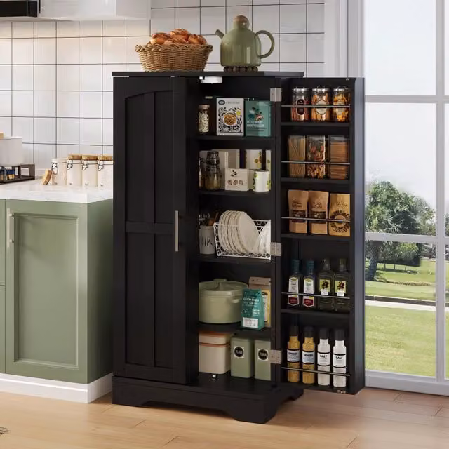 Armadio da cucina nero 120x60x40 cm con luce LED a sensore, 2 ante, ripiani regolabili e vani porta. Per cucina, sala da pranzo o soggiorno