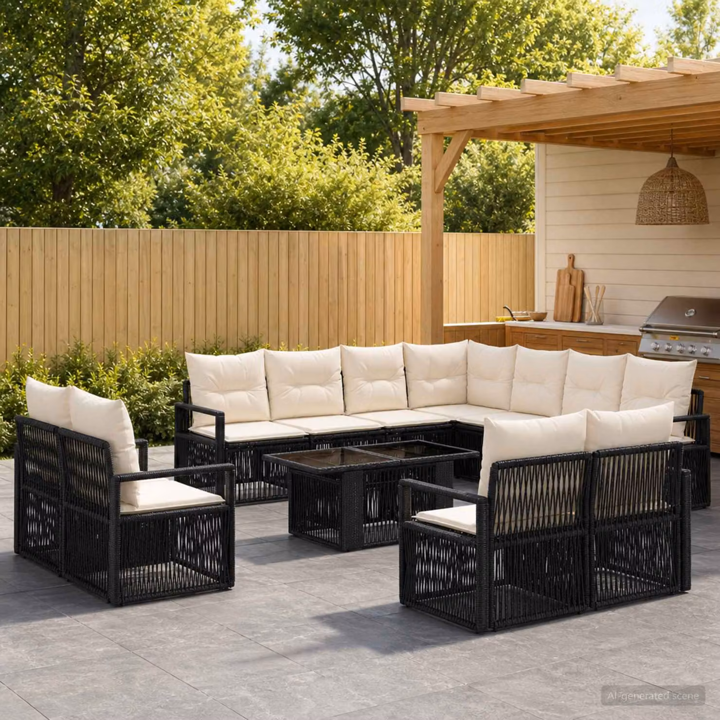Set Divano da Giardino vidaXL 12 pz in Polyrattan con Tavolino e Cuscini, Design Moderno a L, Nero e Bianco Crema