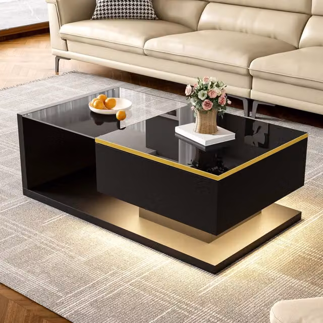 Tavolino da salotto rettangolare in vetro e materiale composito nero lucido L/P/H: 90 x 50 x 32,5 cm – 1
