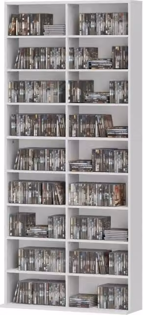 Scaffale per CD/DVD/Blu-ray, fino a 640 CD o 360 DVD o 430 Blu-ray, libreria multimediale, 78,5x24x175 cm, bianco