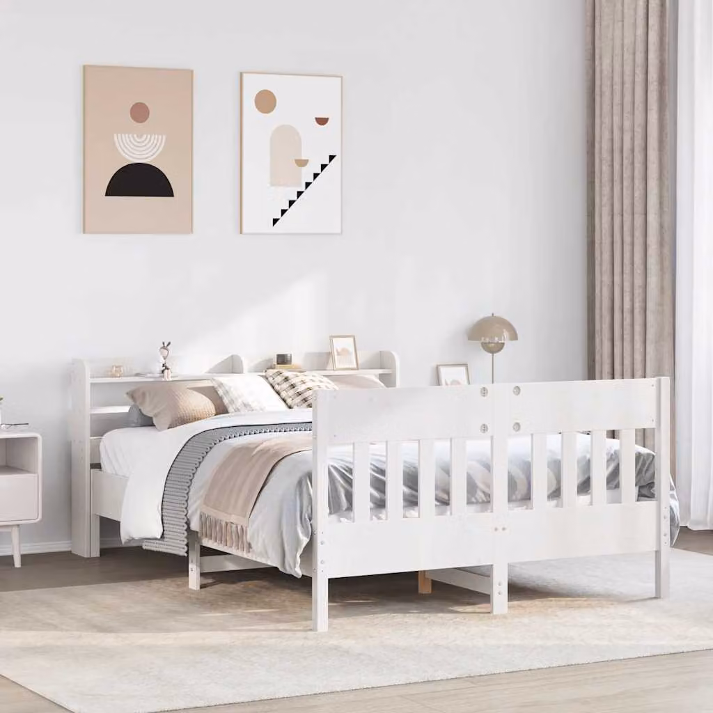 Letto in legno di pino massello bianco con ripiani laterali stile rustico per adulti