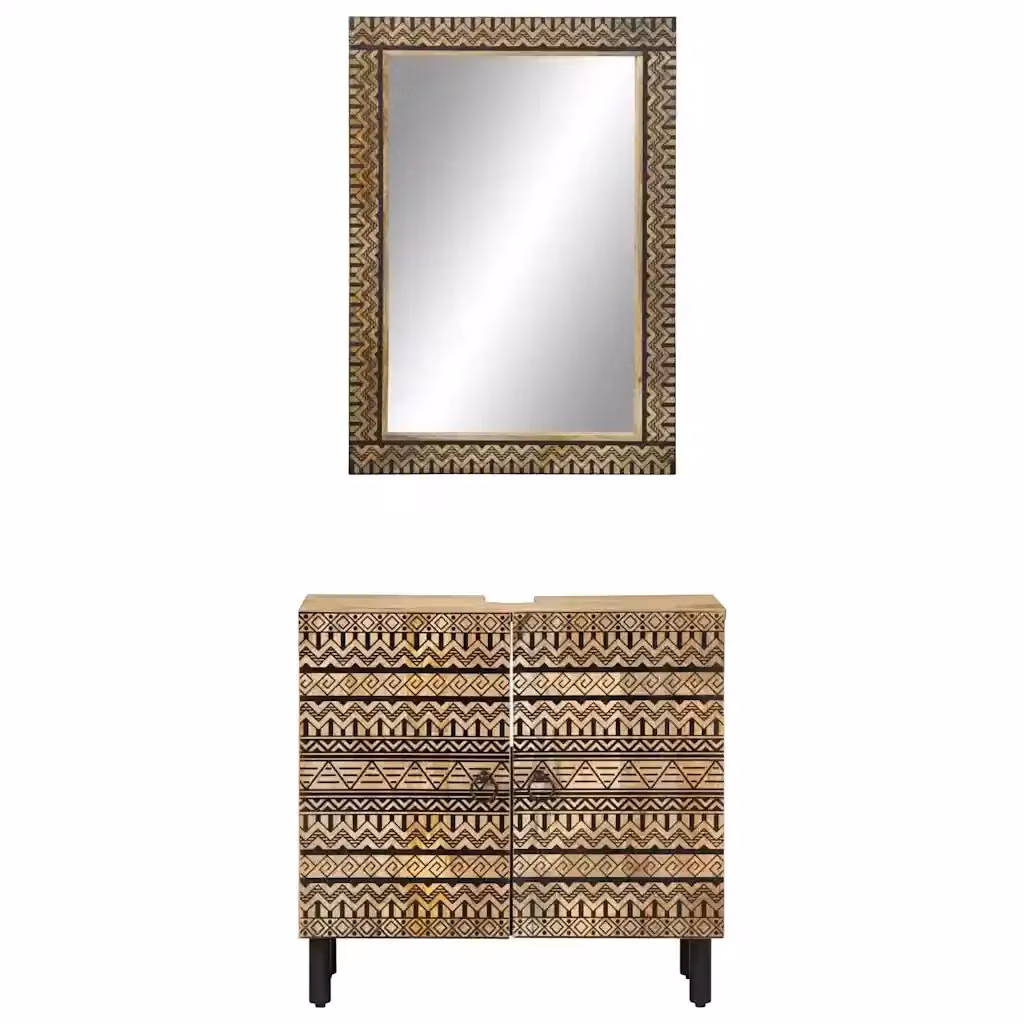 Set Mobili da Bagno vidaXL in Legno di Mango Marrone composto da Mobile Lavabo e Armadietto Specchio con Ante a Battente e Ripiani Interni – 2