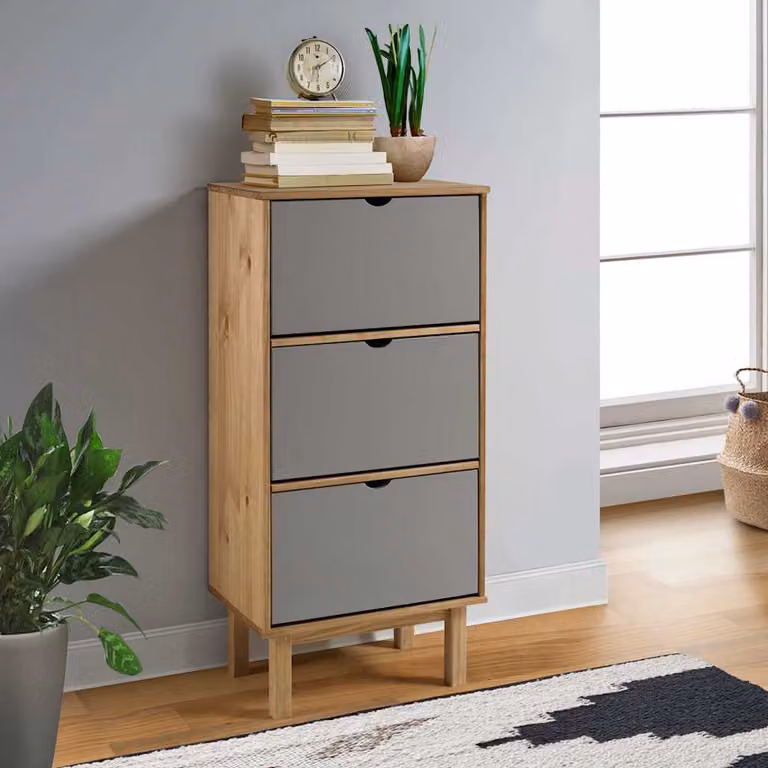 Scarpiera a parete vidaXL OTTA in legno di pino rustico con ante basculanti, Marrone e Grigio, L: 120 cm, P: 35 cm, H: 55 cm