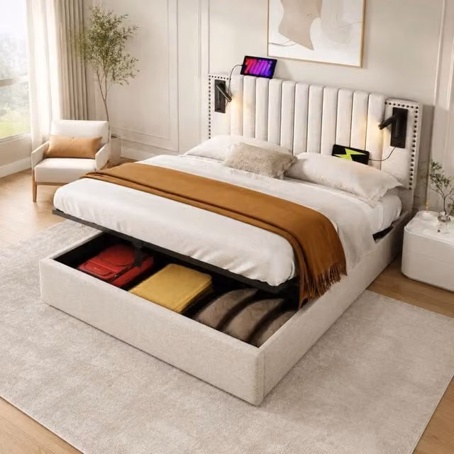 Letto matrimoniale MODFU con contenitore e testiera con luci da lettura e porte USB, beige, L/P: 160 x 200 cm