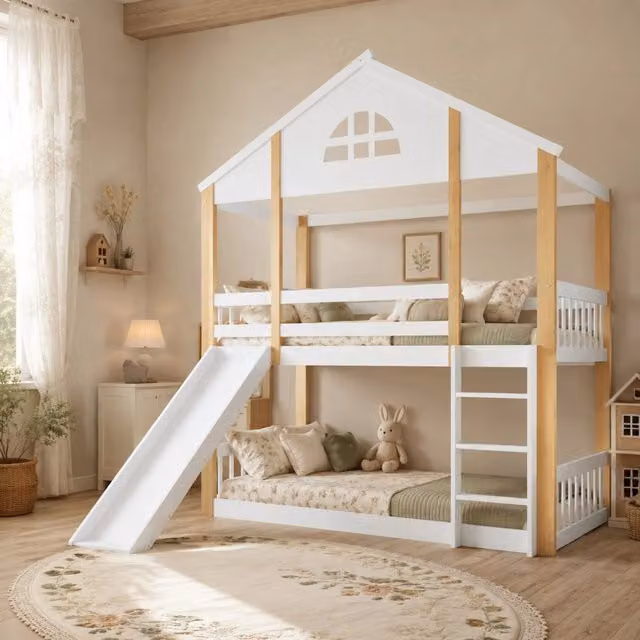 Letto a castello 90x200 cm bianco e naturale con scivolo, scala e finestra