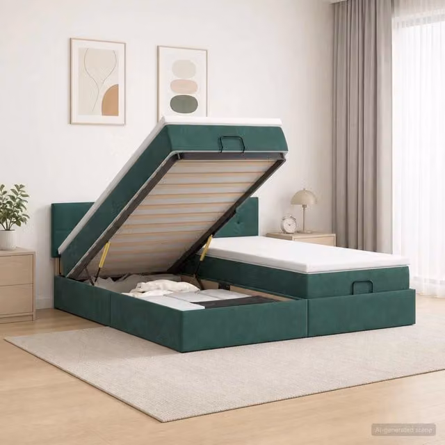 Letto ottomano con contenitore e materasso ibrido vidaXL in velluto verde e bianco L/P/H: 203 x 180 x 88 cm