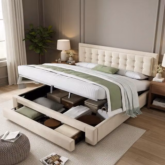 Letto imbottito con cassetti - Xylo - 160x200 - Beige