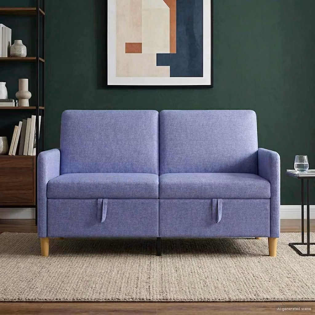 Divano moderno vidaXL con contenitore a sollevamento, rivestimento in tessuto blu, L 152 x P 78 x H 87 cm