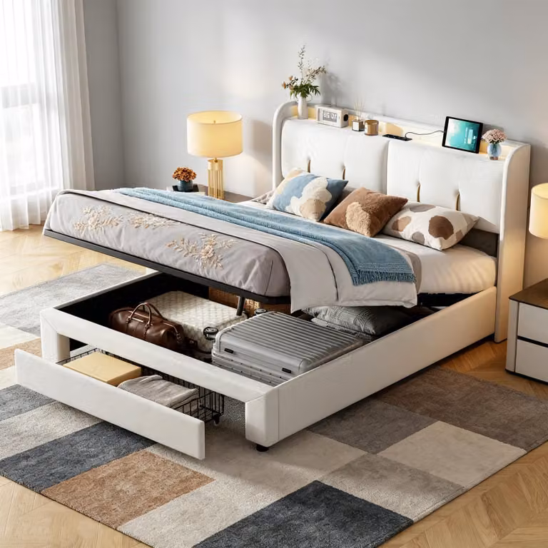 Letto imbottito INONEFT 140x200 cm con LED e USB, letto matrimoniale con cassetto e rete a doghe, letto box con sistema idraulico e contenitore, rivestito in velluto, color beige