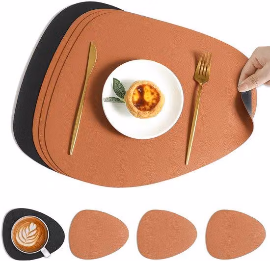 Set composto da 4 piastre e poggiapiedi, doppio design, antiscivolo e impermeabile, lavabile, in pelle, arancione e nero