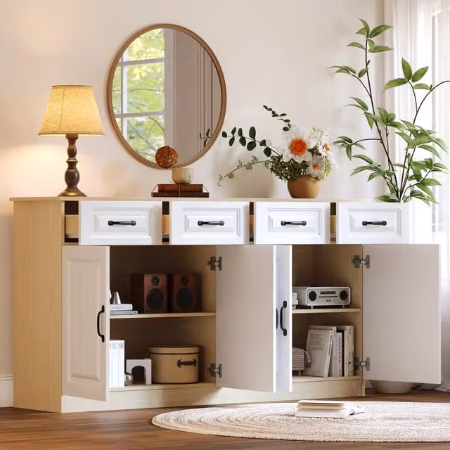 Credenza minimalista in MDF bianco naturale con 4 ante, 4 cassetti e ripiani regolabili, L: 160 cm, P: 35 cm, H: 80 cm