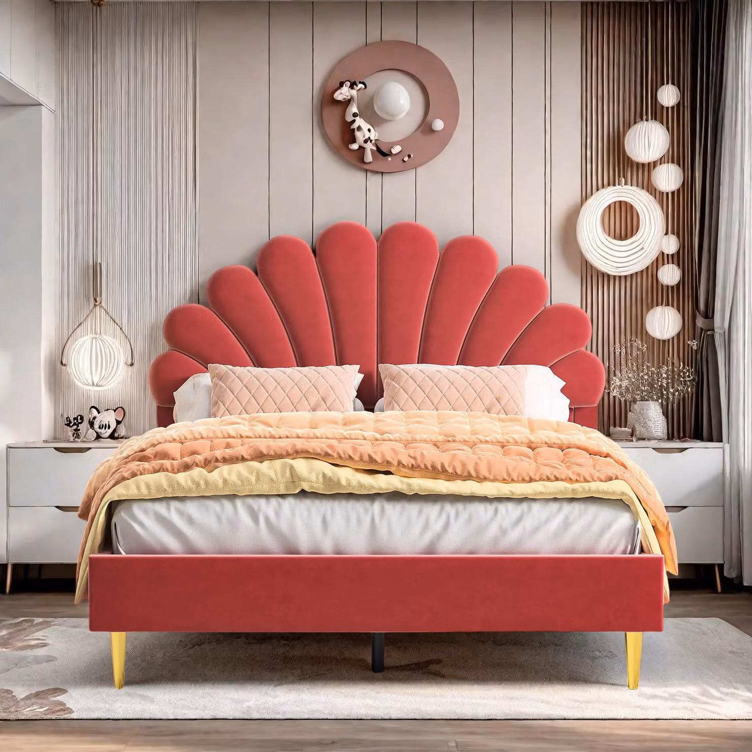Letto imbottito Fortuna Lai 140x200cm con testata a forma di fiore e rete a doghe letto matrimoniale letto per bambini in velluto