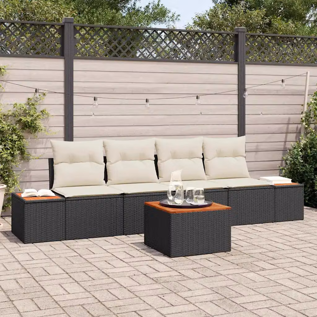 Set Divano da Giardino vidaXL 5 Pezzi in Polyrattan Nero con Cuscini e Tavolino – 1