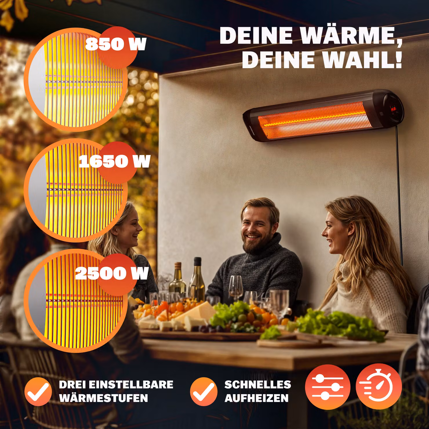 Stufa a infrarossi Monzana da 2500W in alluminio nera – 2