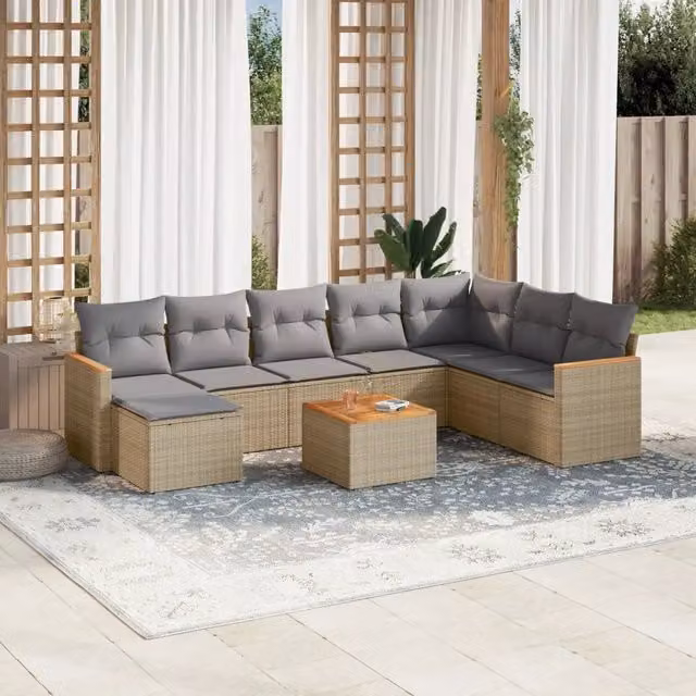 vidaXL Set Divano da Giardino a L in Polyrattan 9 pz con Cuscini Beige e Grigio e Tavolino da Esterno