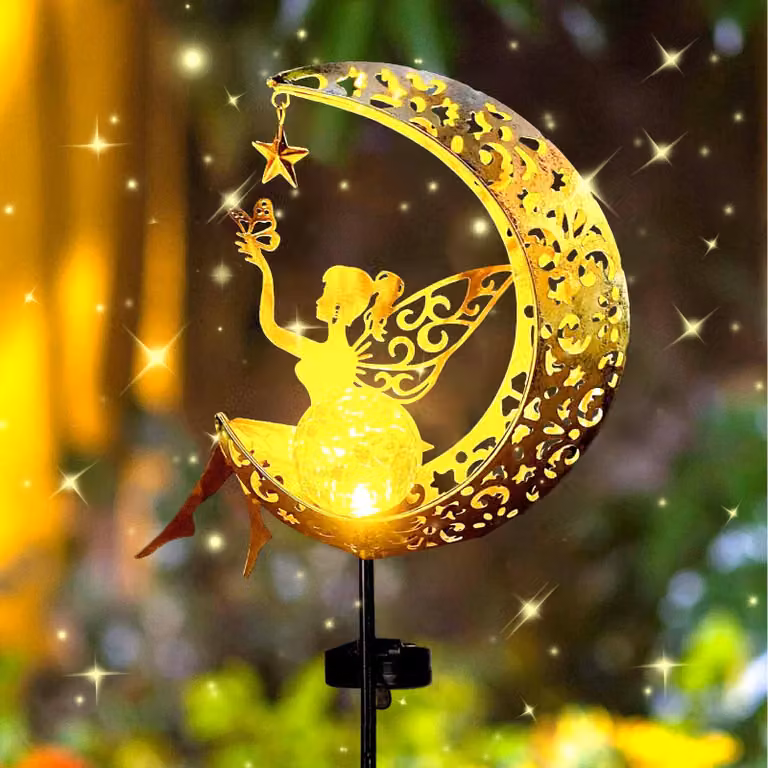 Lampada solare a forma di luna con farfalla fatata, luce bianco caldo, grado di protezione IP65, ideale per giardino e terrazza