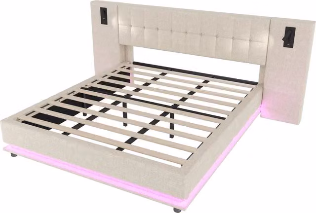 Letto imbottito 180x200 cm con striscia LED multicolore, testiera con spot e porta USB, senza materasso, lino beige