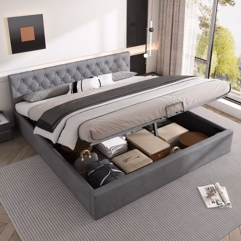 Letto imbottito in velluto, 180 x 200 cm, testata con bottoni, letto matrimoniale, letto idraulico con contenitore, rete a doghe, grigio