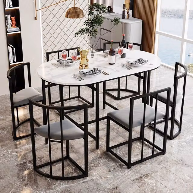 Set tavolo da pranzo bianco con 6 sedie in velluto grigio e struttura in ferro nero