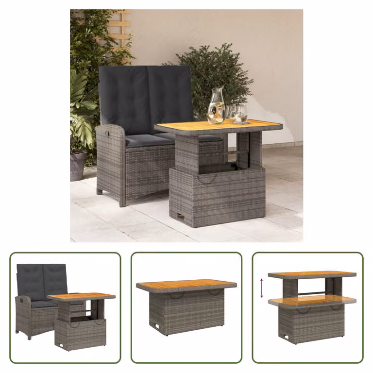 The Living Store Set da pranzo da giardino 2 pezzi con cuscini in poly rattan grigio