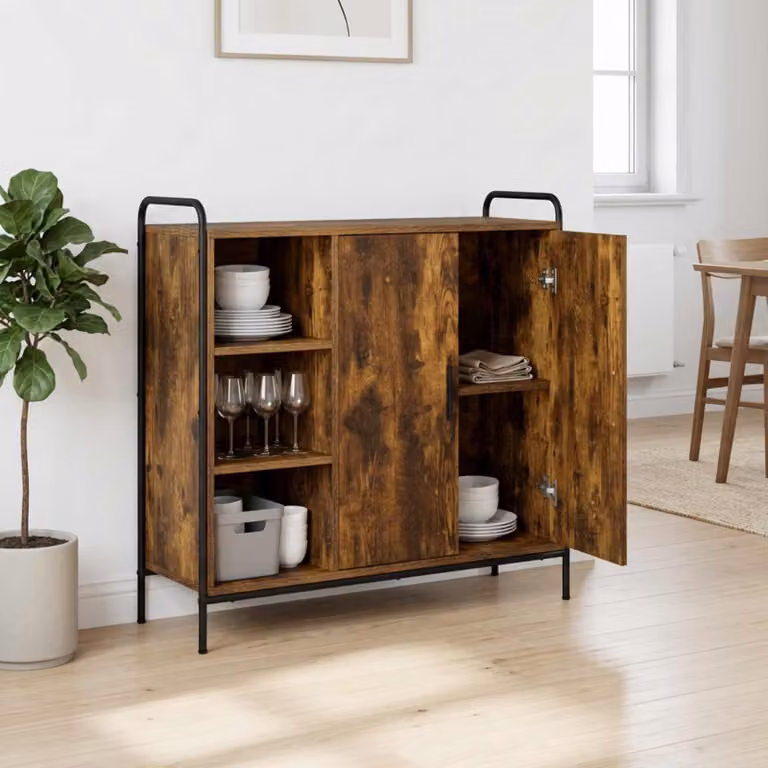 Credenza moderna vidaXL in legno ingegnerizzato e metallo, colore rovere fumo, L 97 x P 33 x H 81 cm