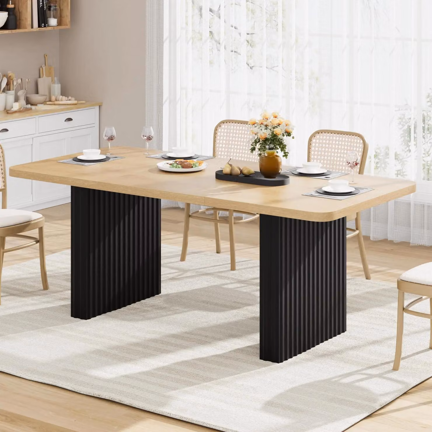Tavolo da pranzo industriale - Tavolo rettangolare da 180 cm - Per 6-8 persone - Gambe in metallo nero con motivo ondulato - Piano del tavolo in legno - Finitura in legno