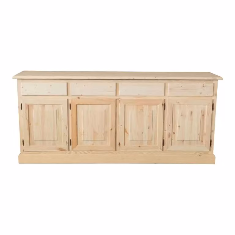 Credenza Mobili 2G in legno massello di pino grezzo con 4 porte e 4 cassetti L: 195 cm, P: 45 cm, H: 85 cm