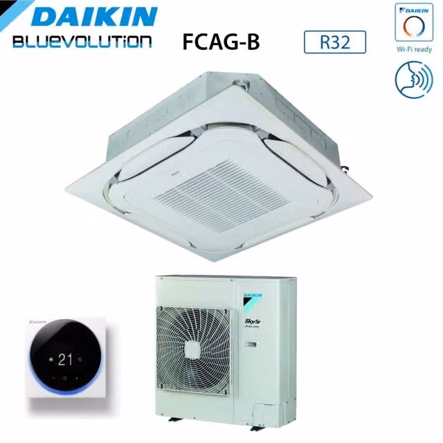 Condizionatore Daikin Bluevolution Round Flow 36000 BTU a Cassetta FCAG100B + AZAS100MV1 Bianco con Griglia Standard e Wi-Fi Opzionale – 1