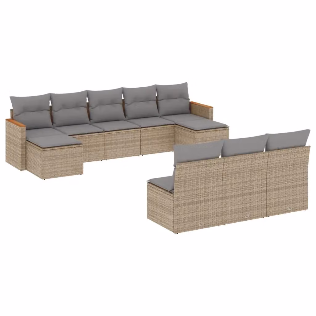 vidaXL Set Divano da Giardino 10 pz in Polyrattan con Cuscini Beige e Grigio e Struttura in Legno di Acacia – 2